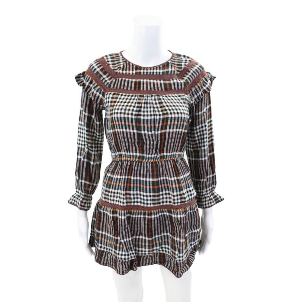 dRA  Los Angeles Womens Textured Long Sleeve Plaid Printed Short Dress Brown Siz
